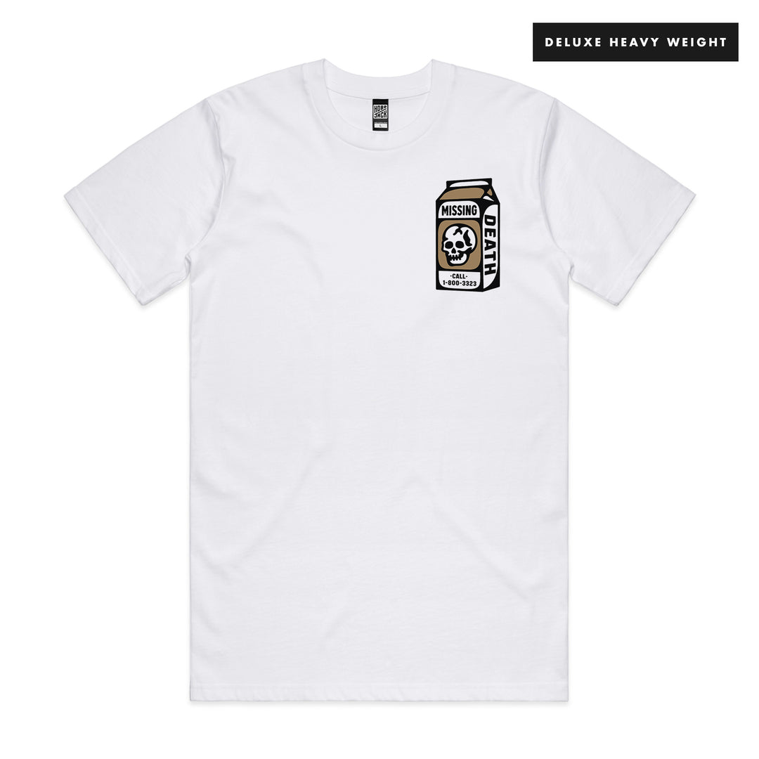 MISSING DEATH COFFEE - WHITE POCKET T-SHIRT - DELUXE HEAVY