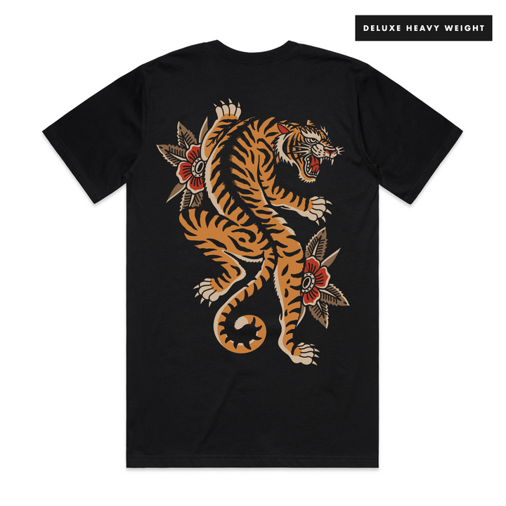 CLIMBING TIGER - FRONT & BACK - BLACK T-SHIRT - DELUXE HEAVY