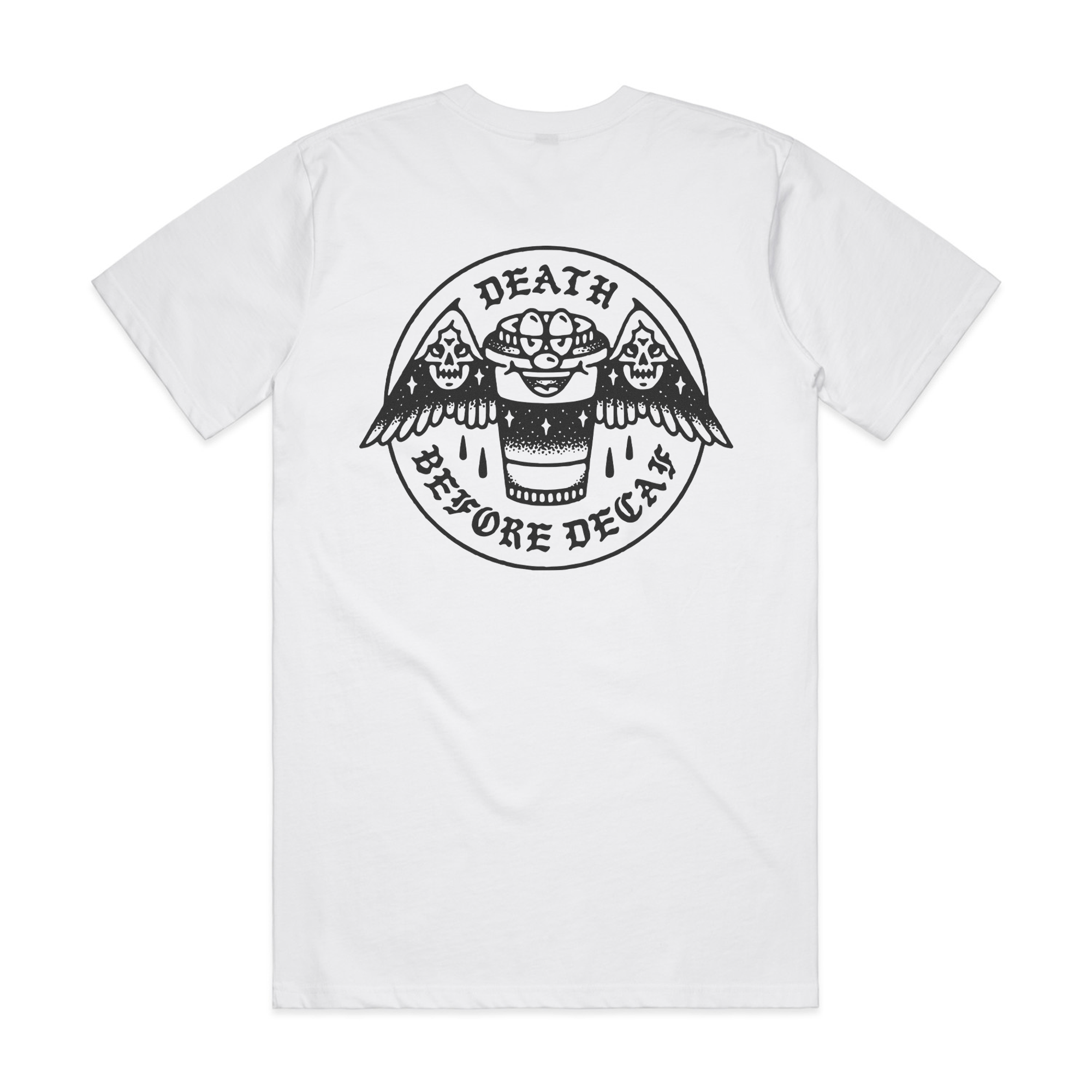 DEATH BEFORE DECAF FRONT & BACK - WHITE T-SHIRT