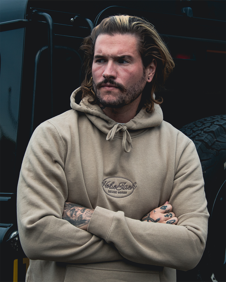 EMBROIDERED SCRIPT LOGO - HEAVY HOODIE - TAN