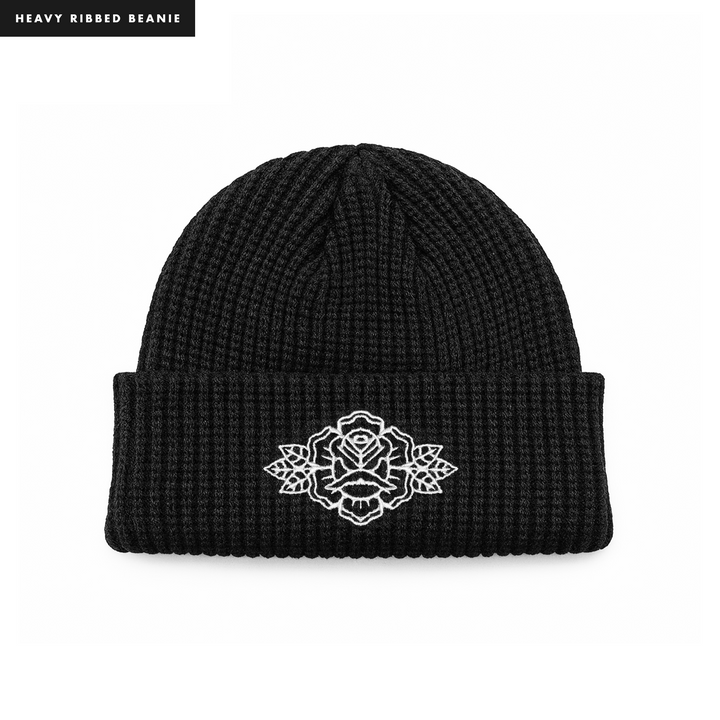 INK+THORN EMBROIDERED RIB BEANIE - BLACK