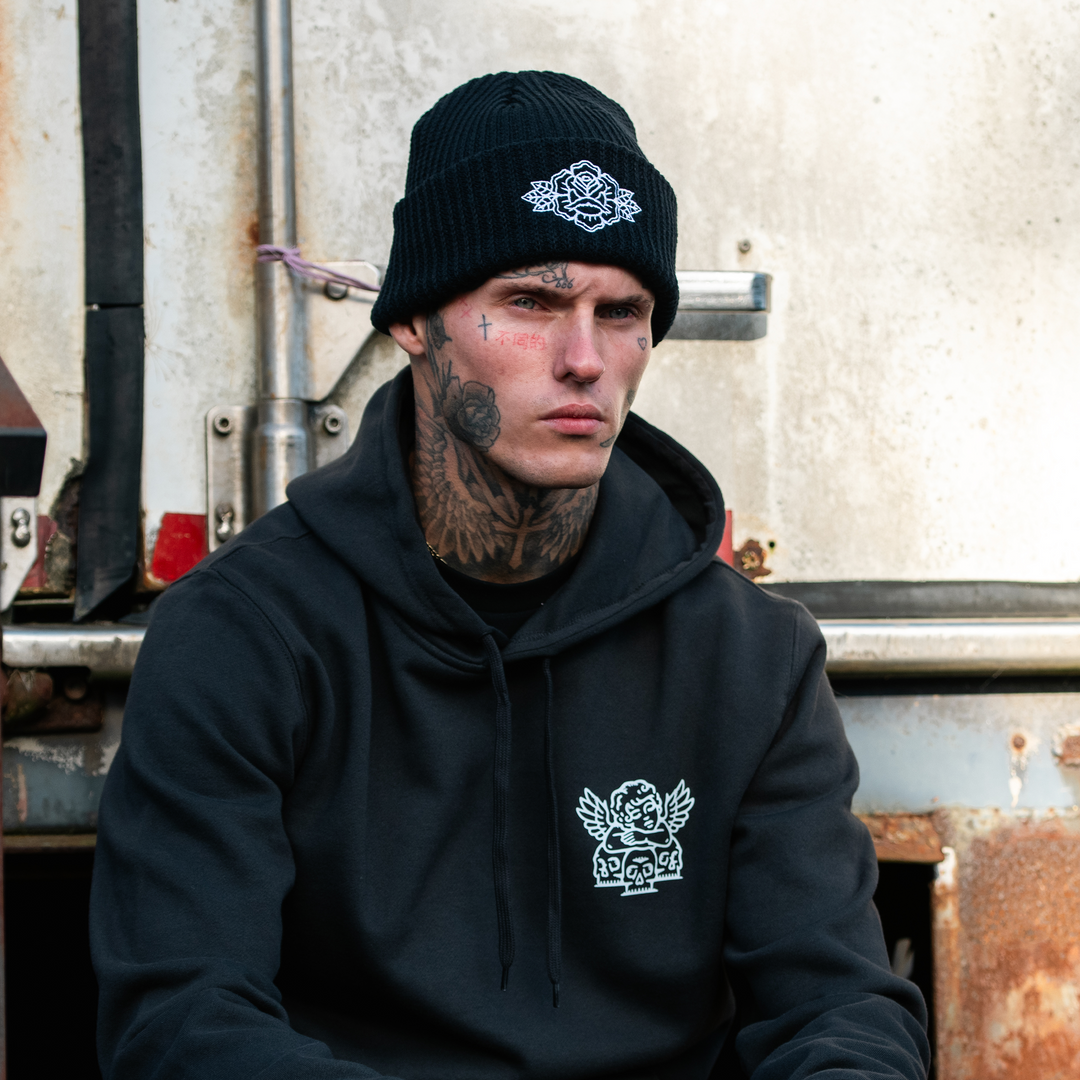 INK+THORN EMBROIDERED RIB BEANIE - BLACK