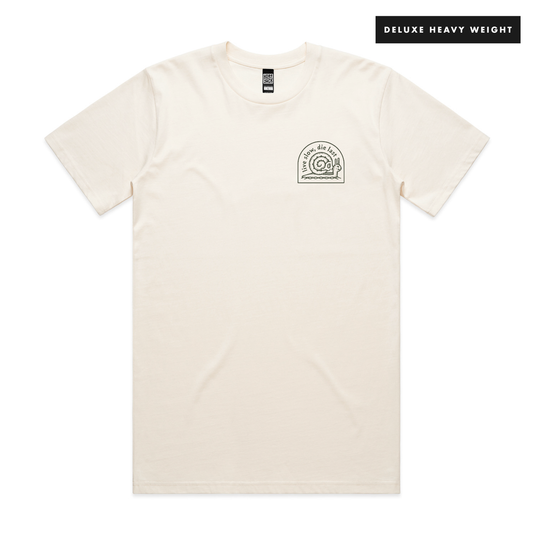 LIVE SLOW, DIE LAST - FRONT & BACK - ECRU T-SHIRT - DELUXE HEAVY