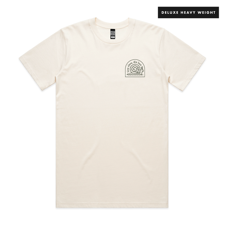 LIVE SLOW, DIE LAST - FRONT & BACK - ECRU T-SHIRT - DELUXE HEAVY