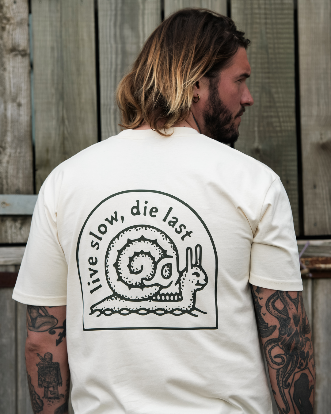 LIVE SLOW, DIE LAST - FRONT & BACK - ECRU T-SHIRT - DELUXE HEAVY