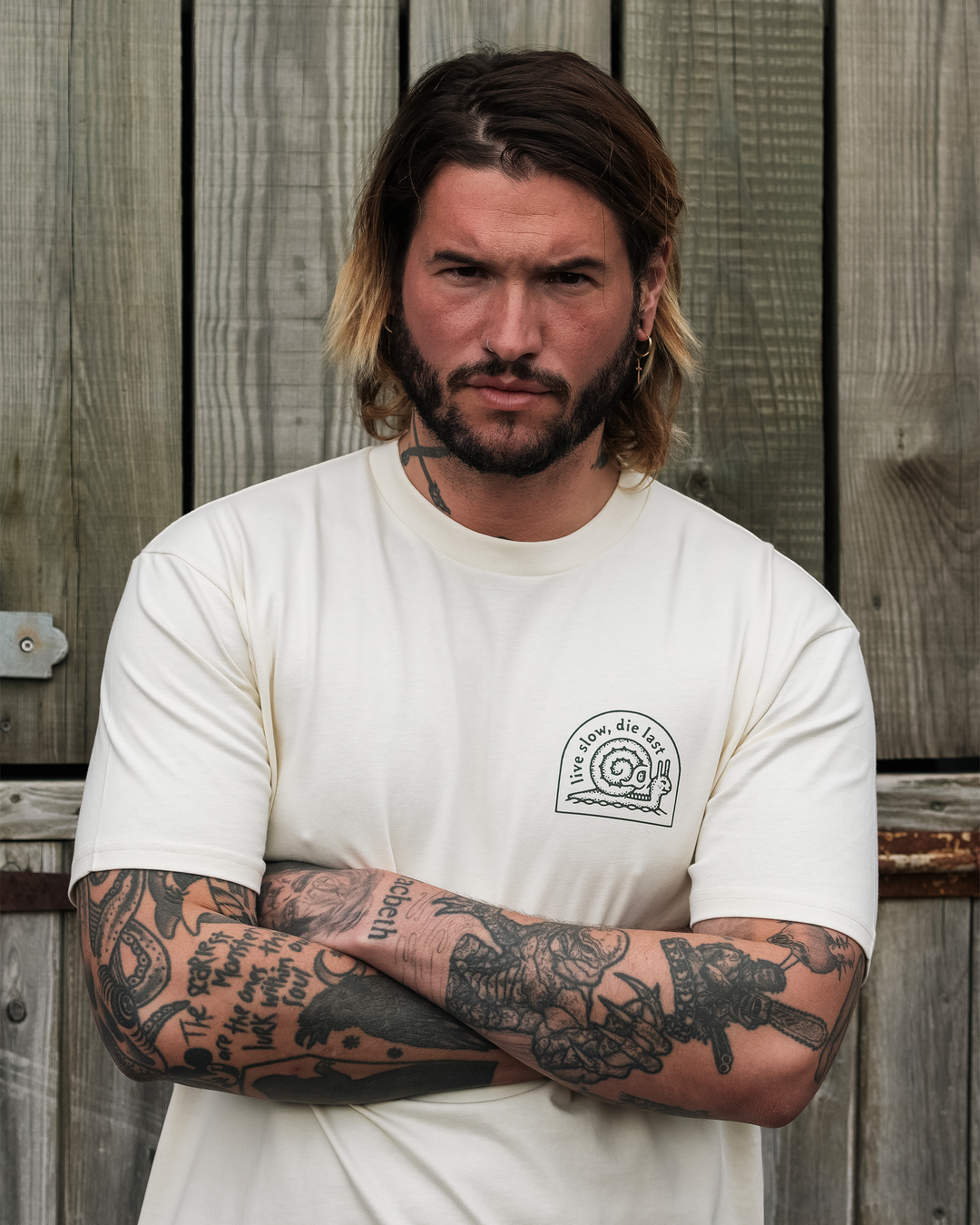 LIVE SLOW, DIE LAST - FRONT & BACK - ECRU T-SHIRT - DELUXE HEAVY