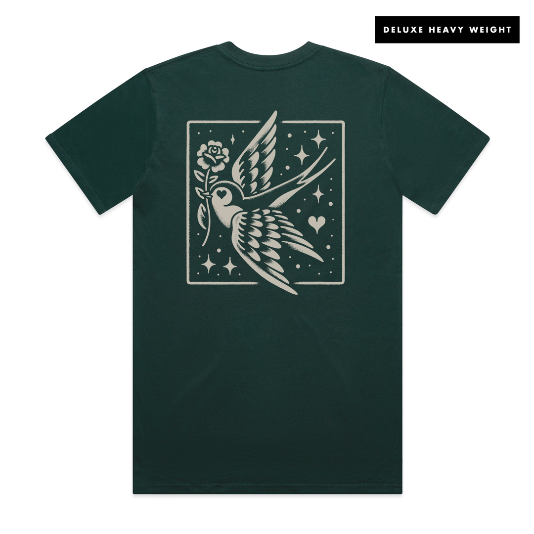 PINE LOVEBIRD - FRONT & BACK - GREEN T-SHIRT - DELUXE HEAVY