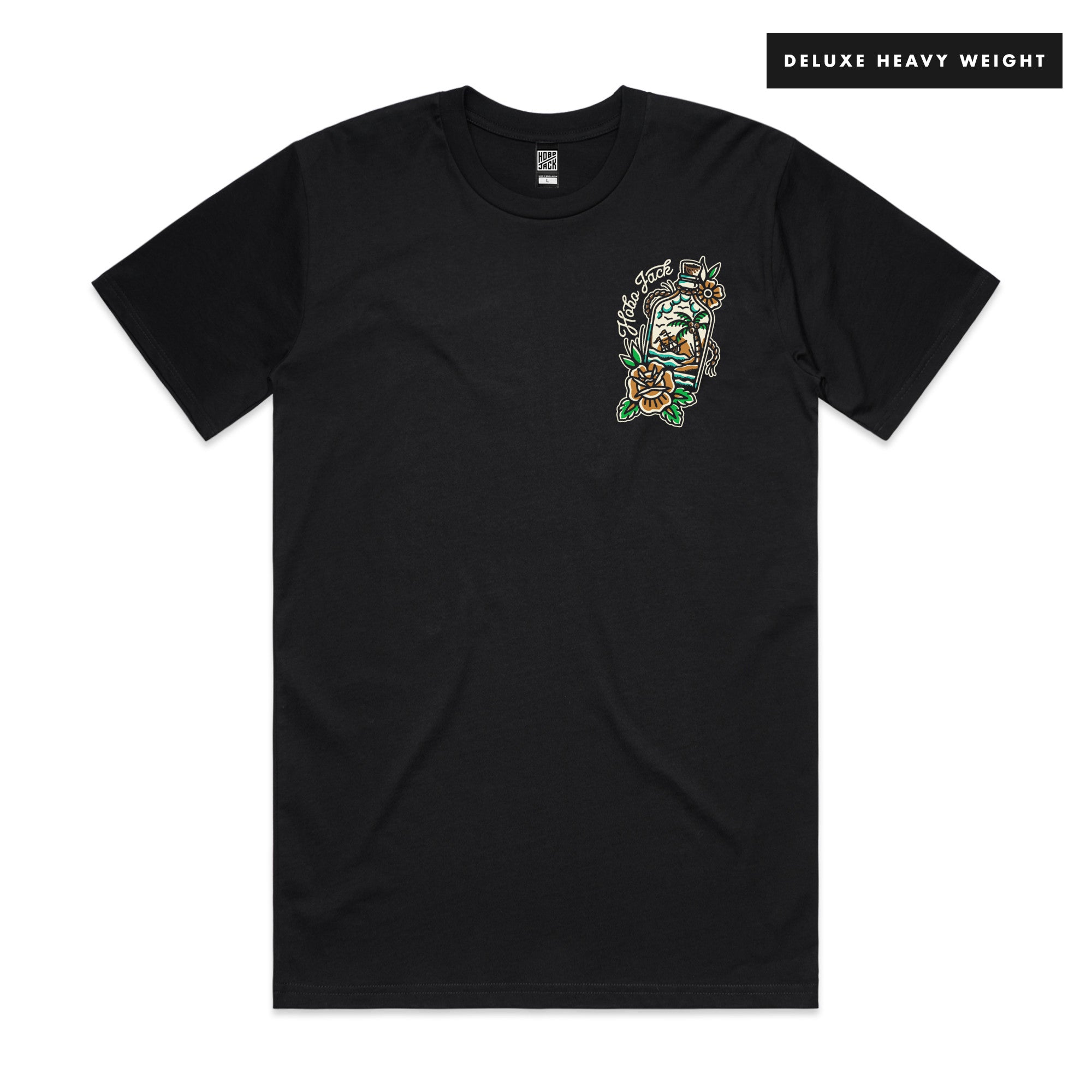 MESSAGE IN A BOTTLE - FRONT \u0026 BACK - BLACK T-SHIRT - DELUXE HEAVY – Hobo  Jack