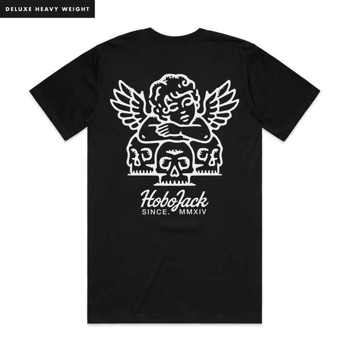 SKULL+SAINT - FRONT & BACK - BLACK T-SHIRT - DELUXE HEAVY