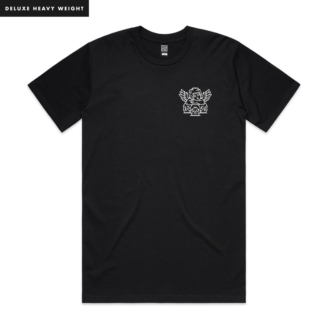 SKULL+SAINT - FRONT & BACK - BLACK T-SHIRT - DELUXE HEAVY