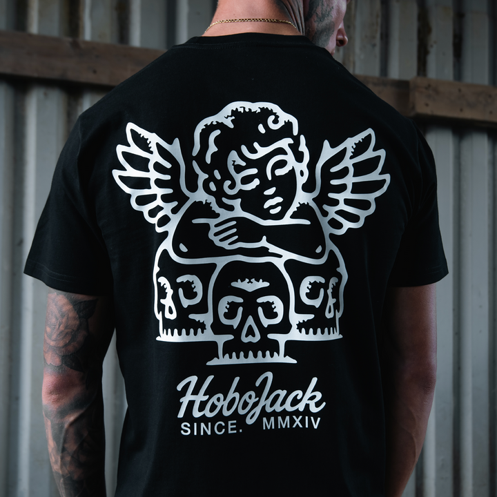 SKULL+SAINT - FRONT & BACK - BLACK T-SHIRT - DELUXE HEAVY