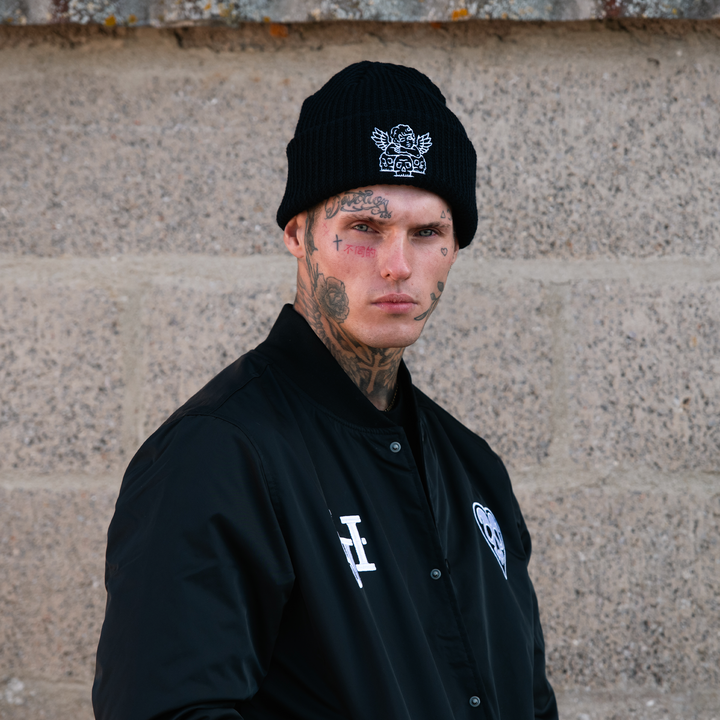 SKULL+SAINT EMBROIDERED RIB BEANIE - BLACK