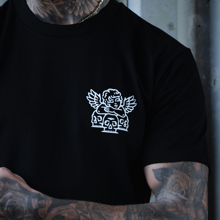 SKULL+SAINT - FRONT & BACK - BLACK T-SHIRT - DELUXE HEAVY