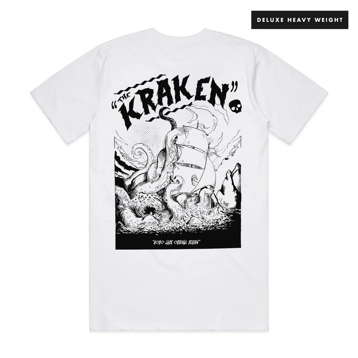 THE KRAKEN - FRONT & BACK - WHITE T-SHIRT - DELUXE HEAVY