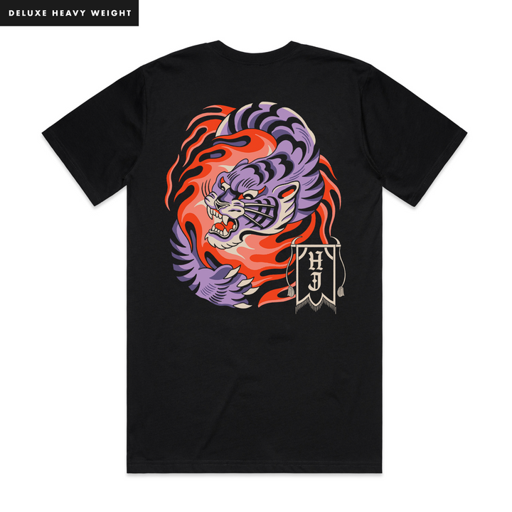 TIGER INFERNO - FRONT & BACK - BLACK T-SHIRT - DELUXE HEAVY