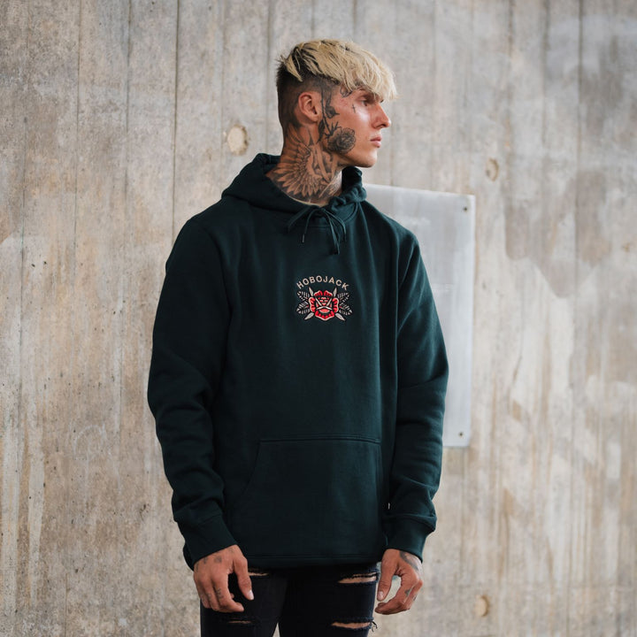 EMBROIDERED ROSE LOGO - HEAVY HOODIE - PINE GREEN