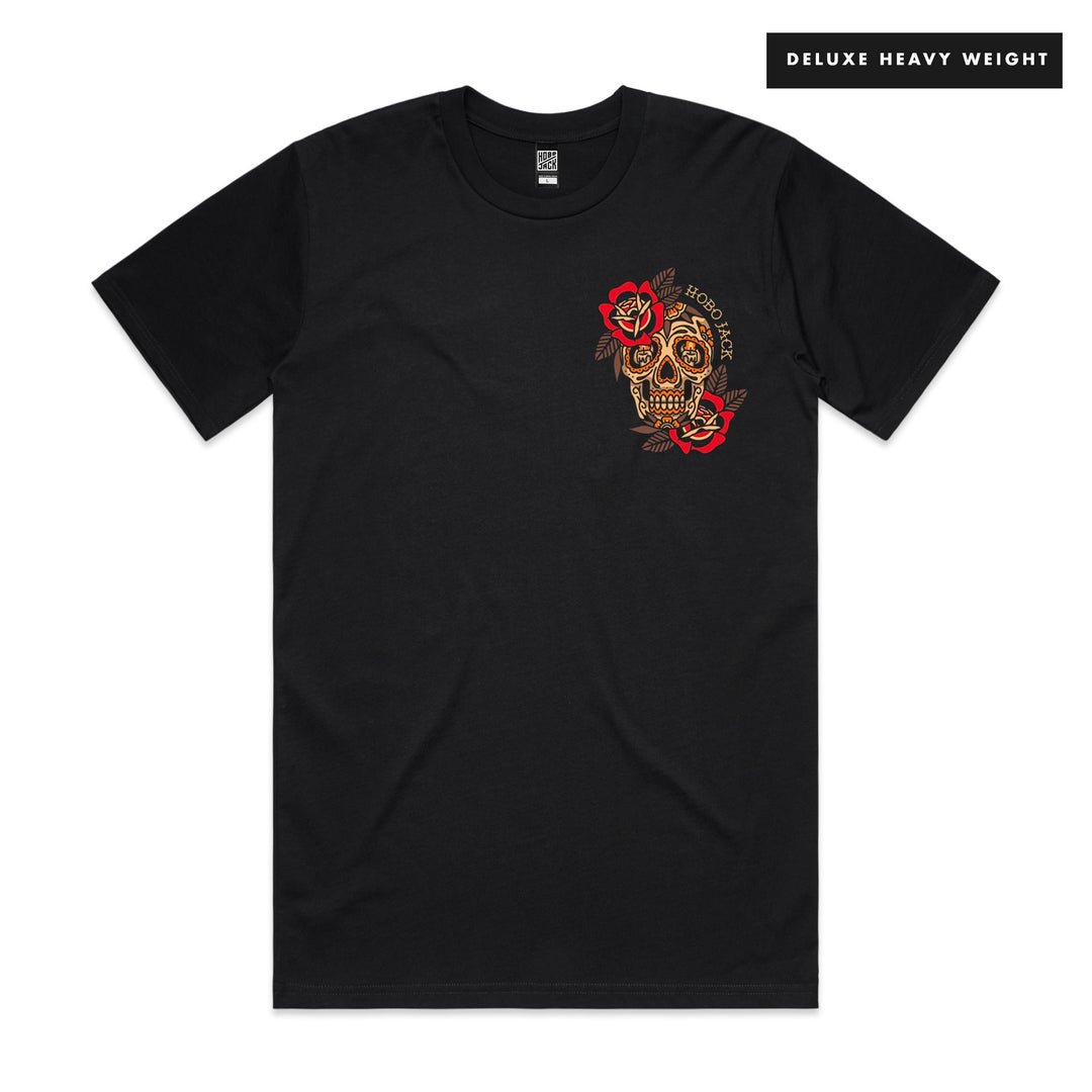 CANDY SKULL - BLACK POCKET T-SHIRT - DELUXE HEAVY