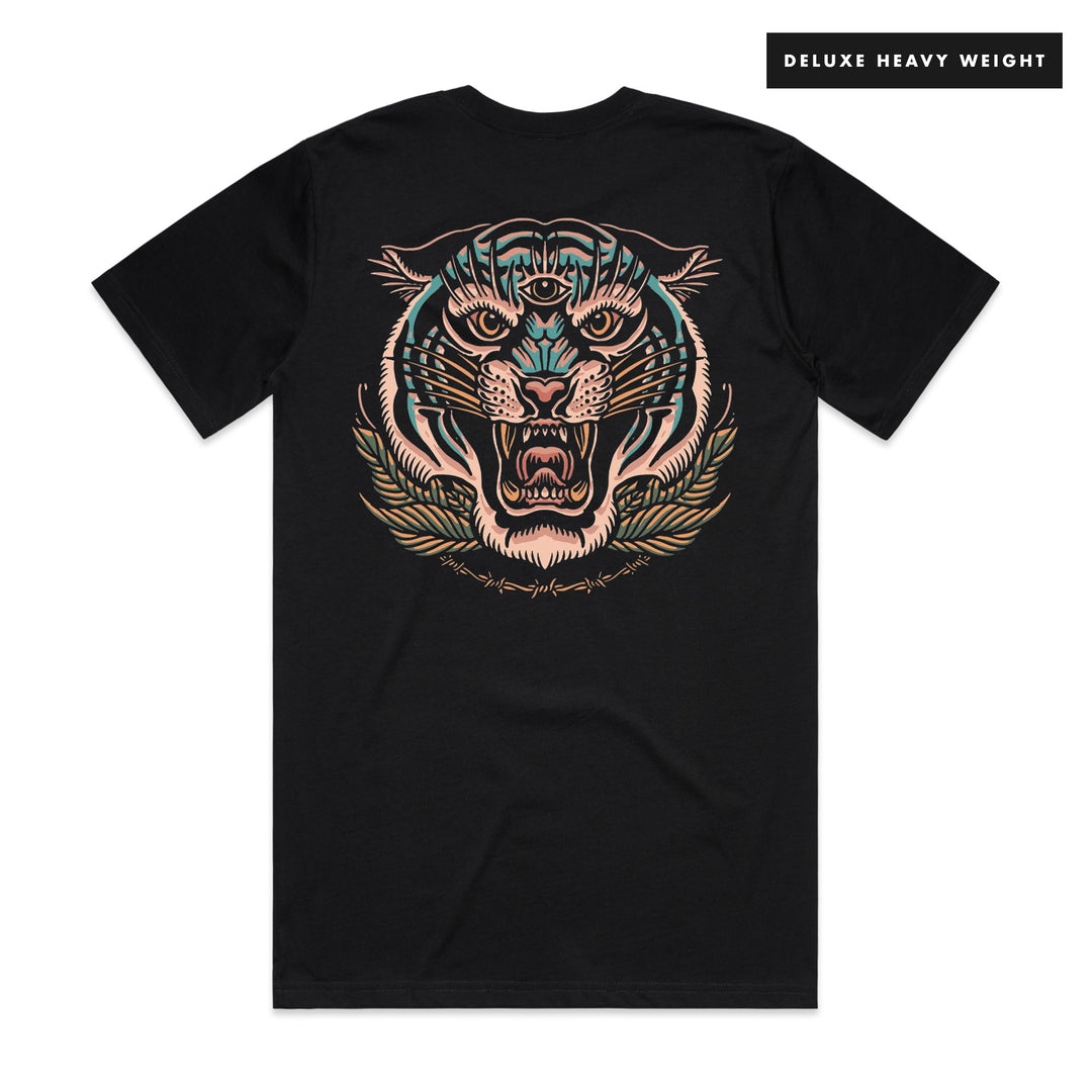 EYE OF THE TIGER - FRONT & BACK - BLACK T-SHIRT - DELUXE HEAVY